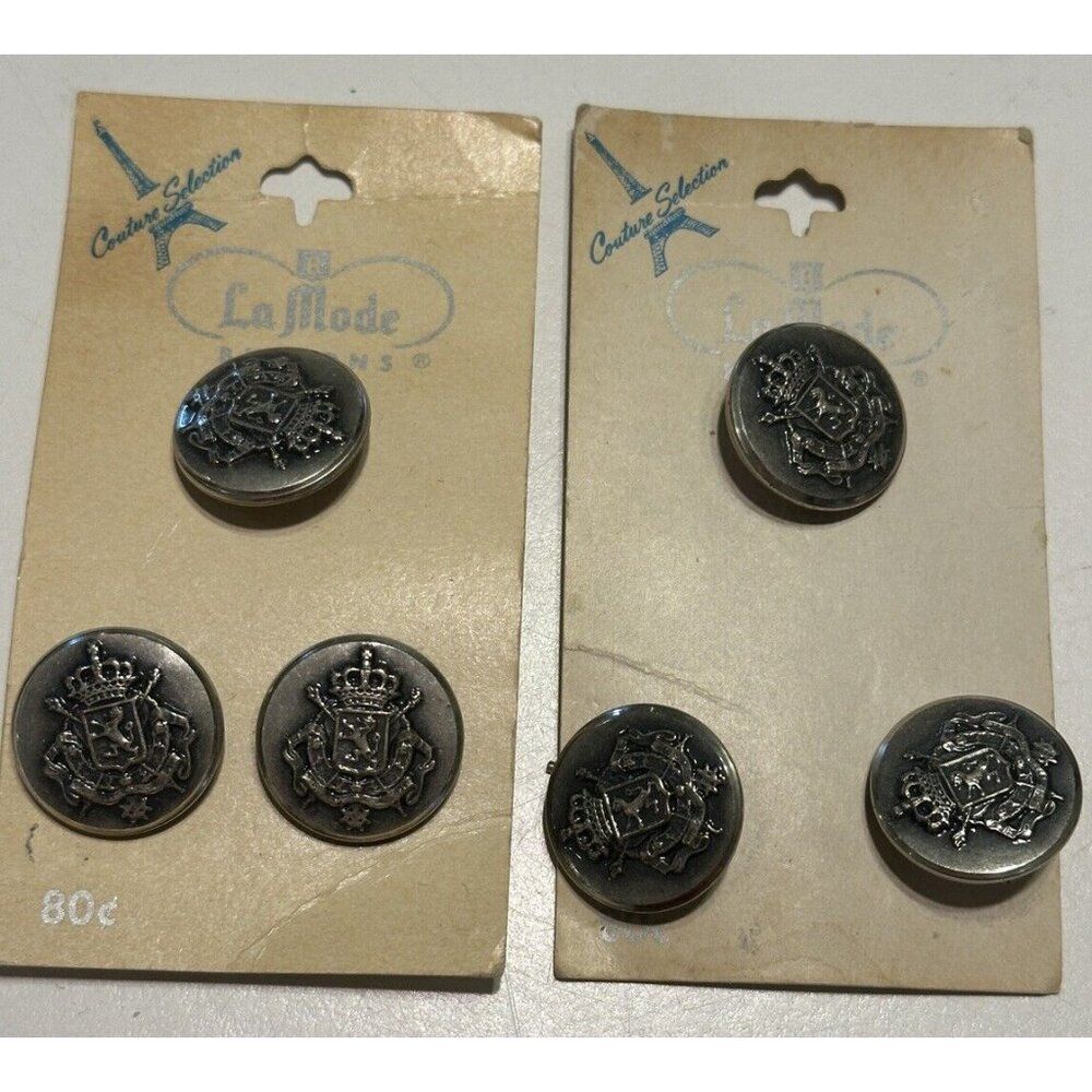 6 Vintage La Mode Shank Buttons #1802 Crest Silver Tone Metal Buttons NOS